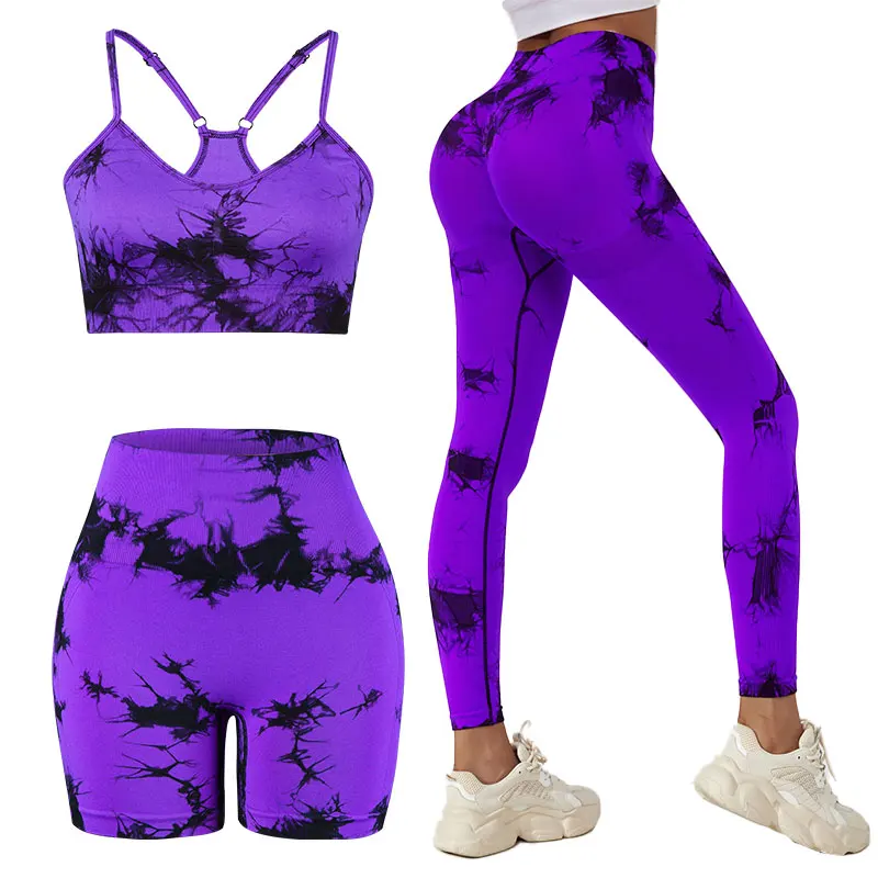 CHRLEISURE 2/3PCS Tie Dye Yoga Set Seamless Sports Suit for Women Elastic Gym Athletic Fitness Outfit Outdoor Running Sportswear