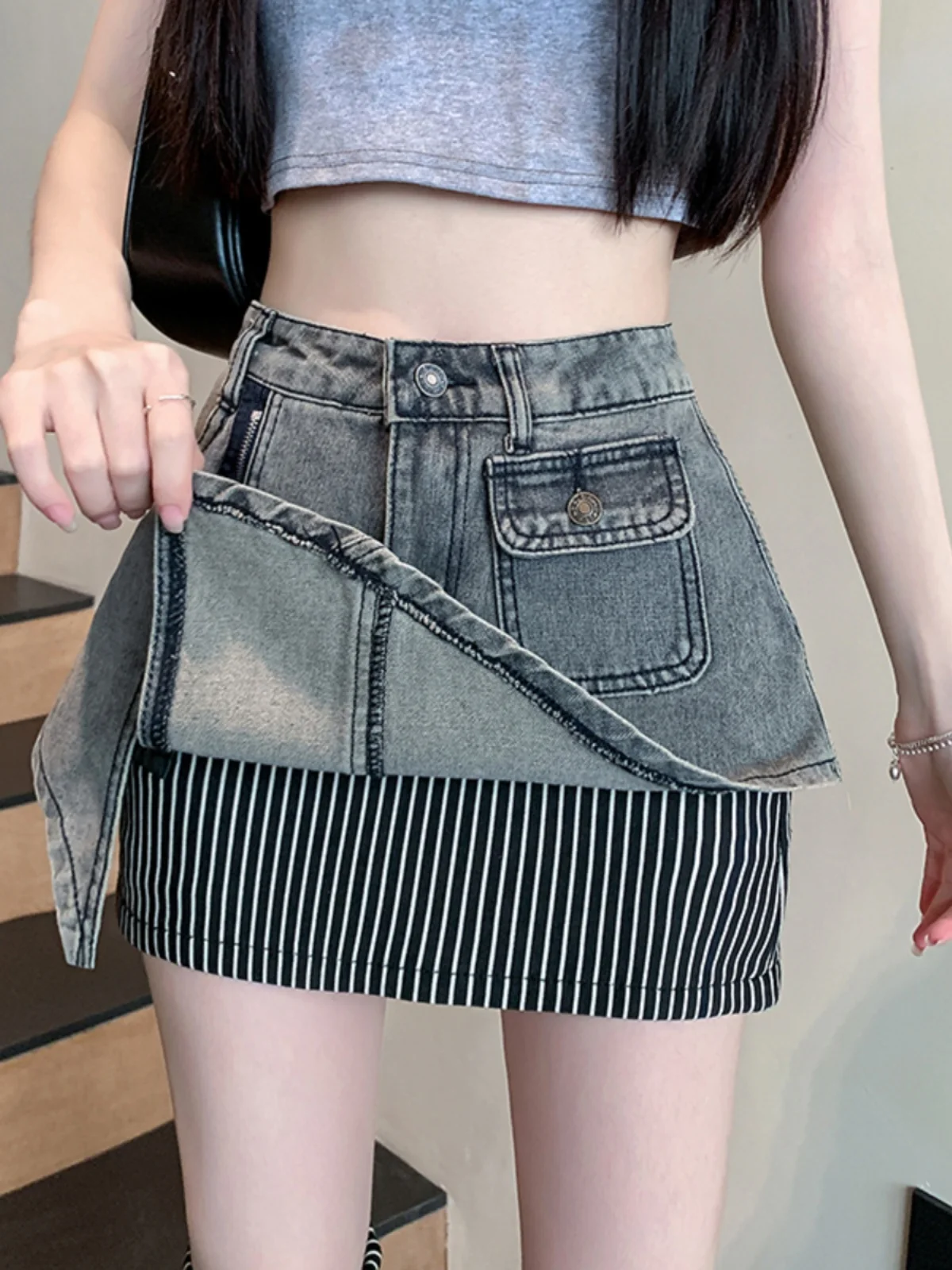 Y2K Aalyptic Sle f Rock Jeans A-Linie Sommer Hot Girl Streifen Spleißen Leggings Zweiteiliges Set Damen Hohe Taille Ort...