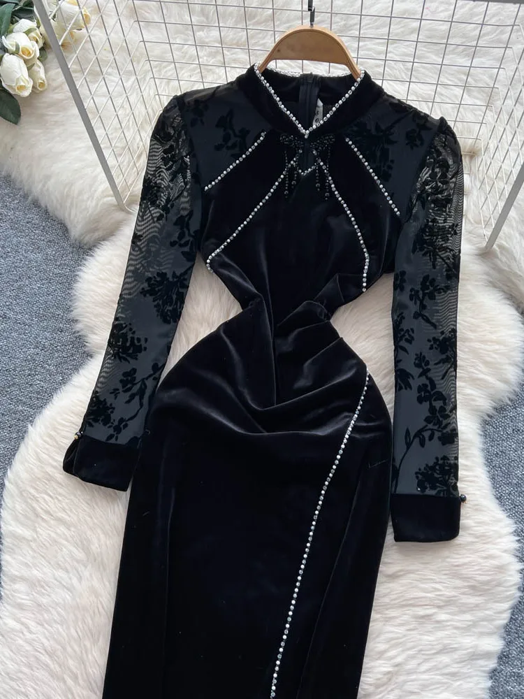 Faionable Chinese Sle Damen Dr Velvet Long Sve Stehkragen Patchwork Abendkleid Ci Pendeln Hohe Taille A-Linie...