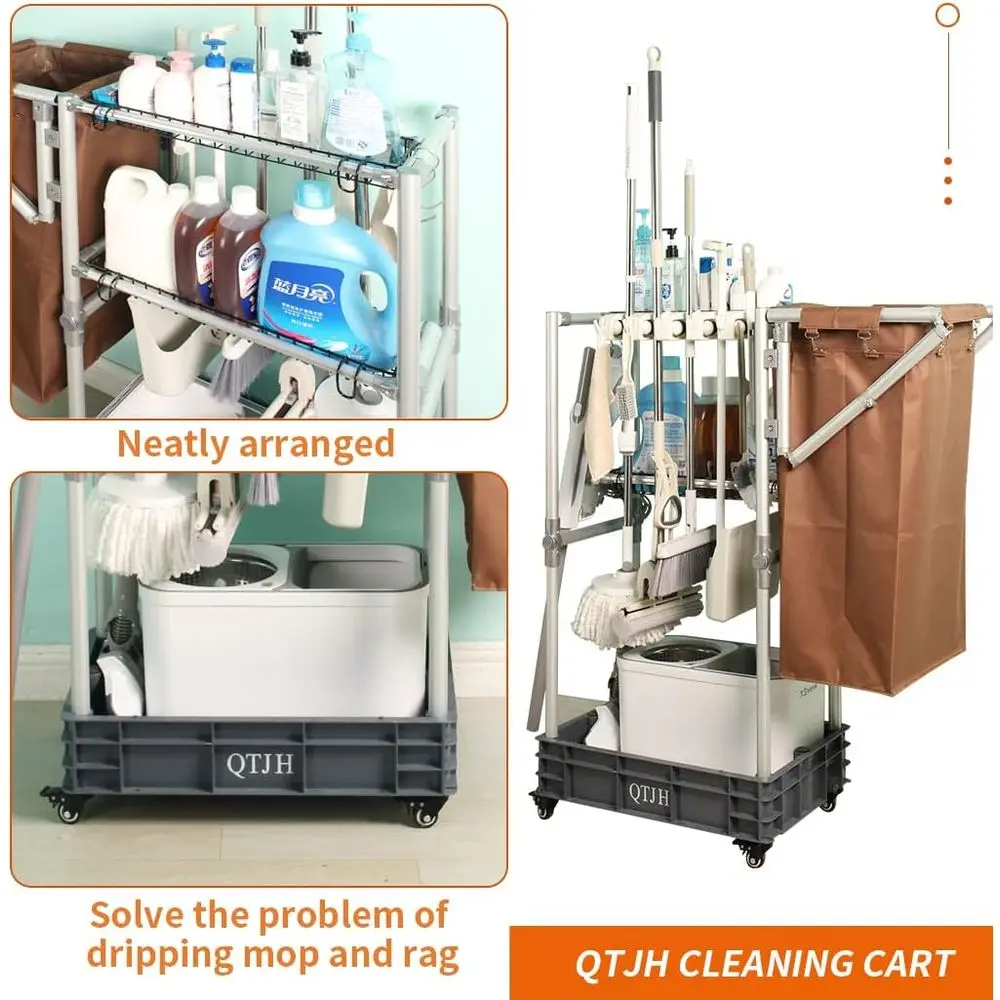 Troli Pembersih dengan Roda, Rak, dan Tempat Penyimpanan Sapu dan Pel