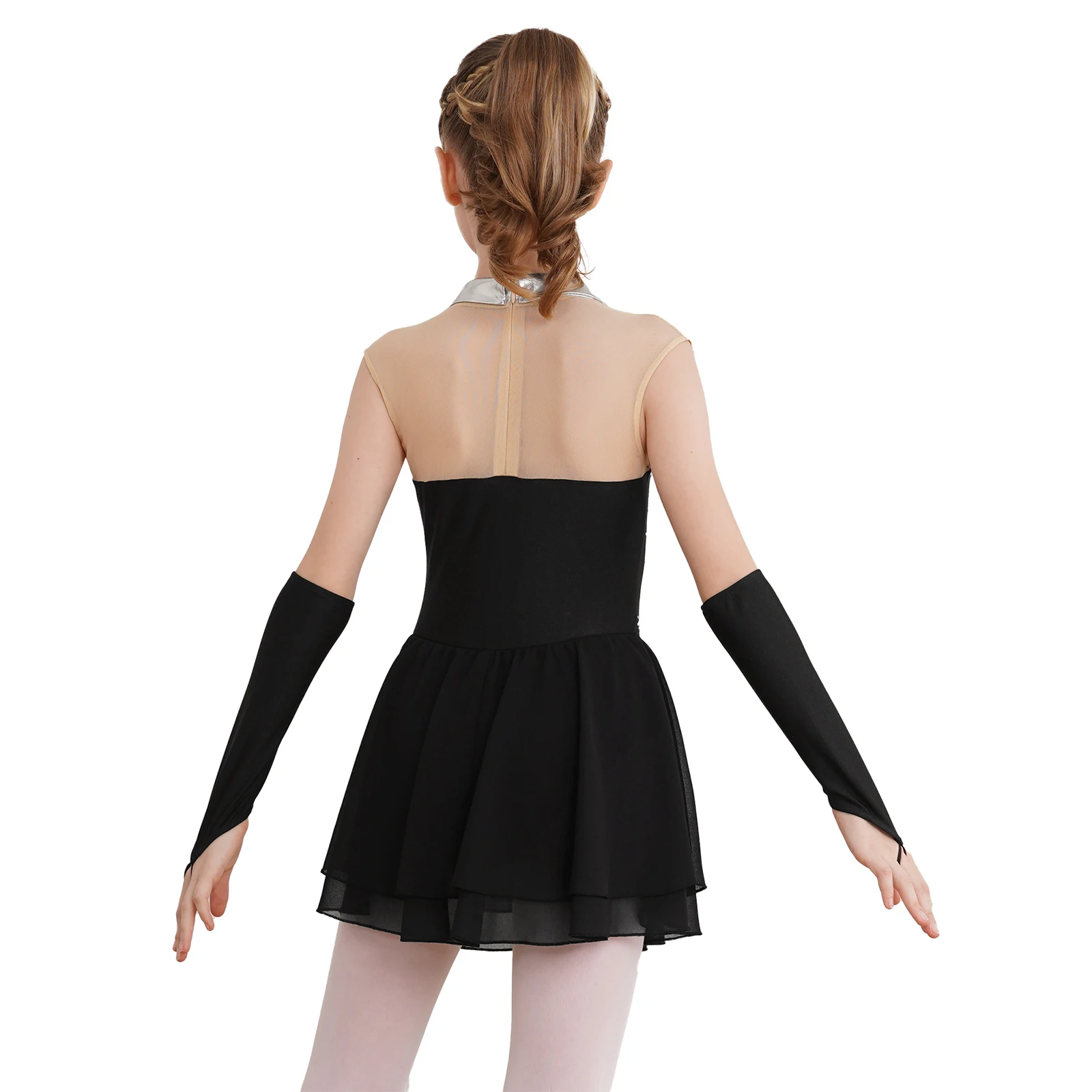 Sparkling Figure Skating Dress Kids Girls Sleeveless Patchwork Built-in Briefs One-Piece Dance Leotard Dress+Fingerless Gloves