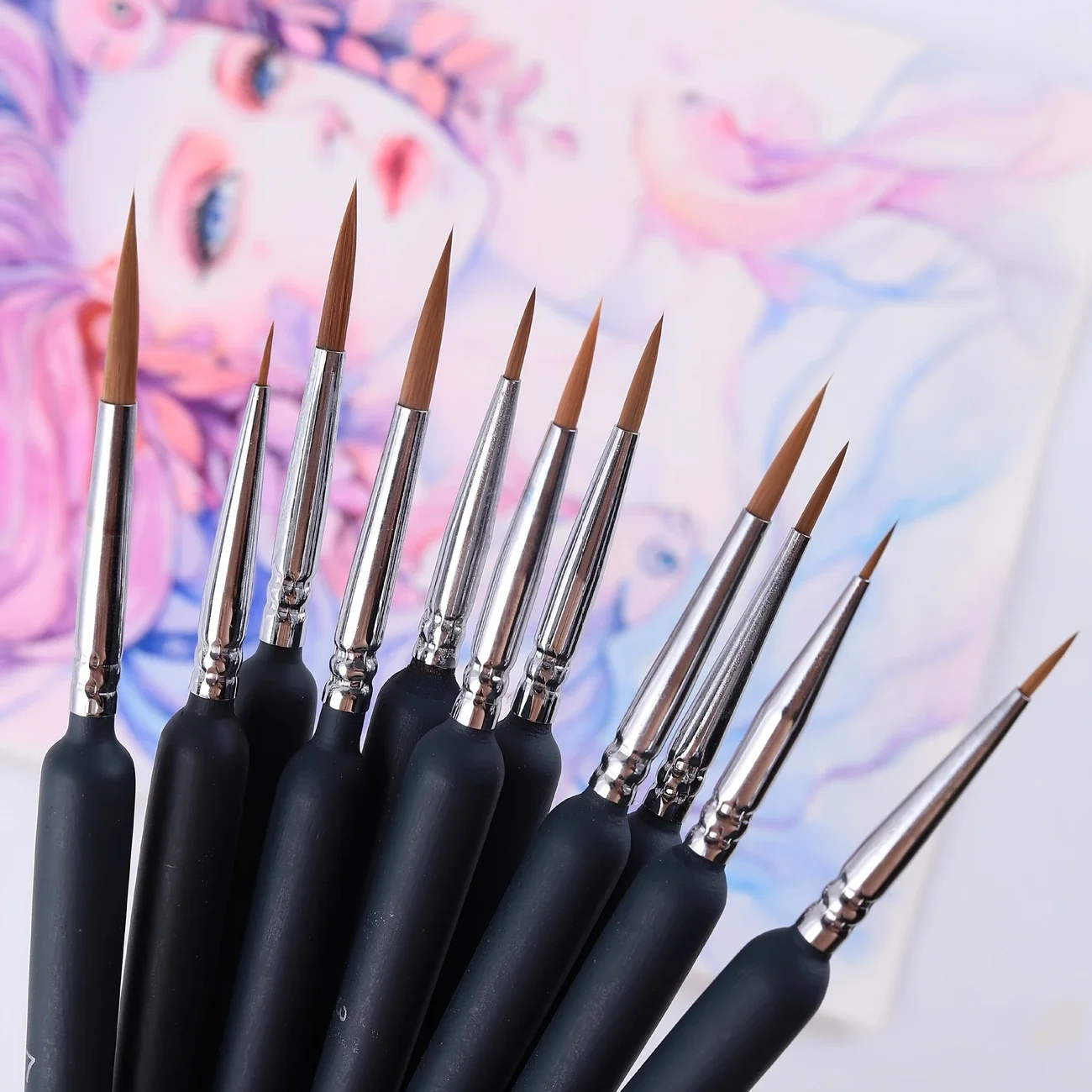 11 Plastic Rod Watercolor Oil Acrylic Round Pointed Outline Sketching Chinese Painting Brushes