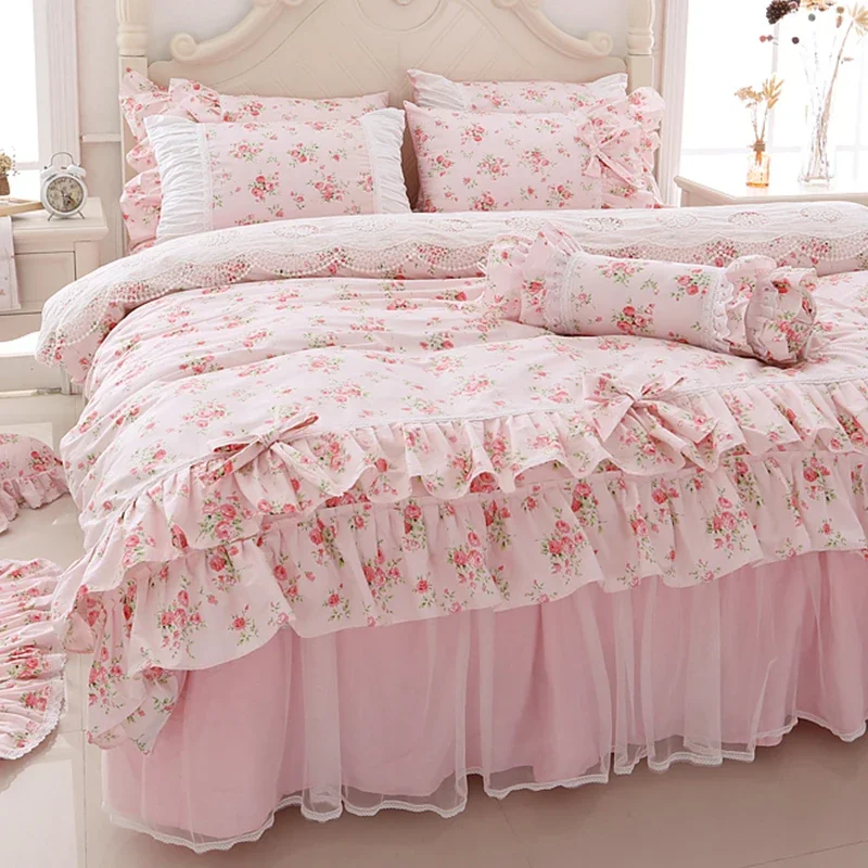 100% Cotton Floral Printed Princess Bedding Set Twin King Queen Size Pink Girls Lace Ruffle Duvet Cover Bedspread Bed Skirt Set