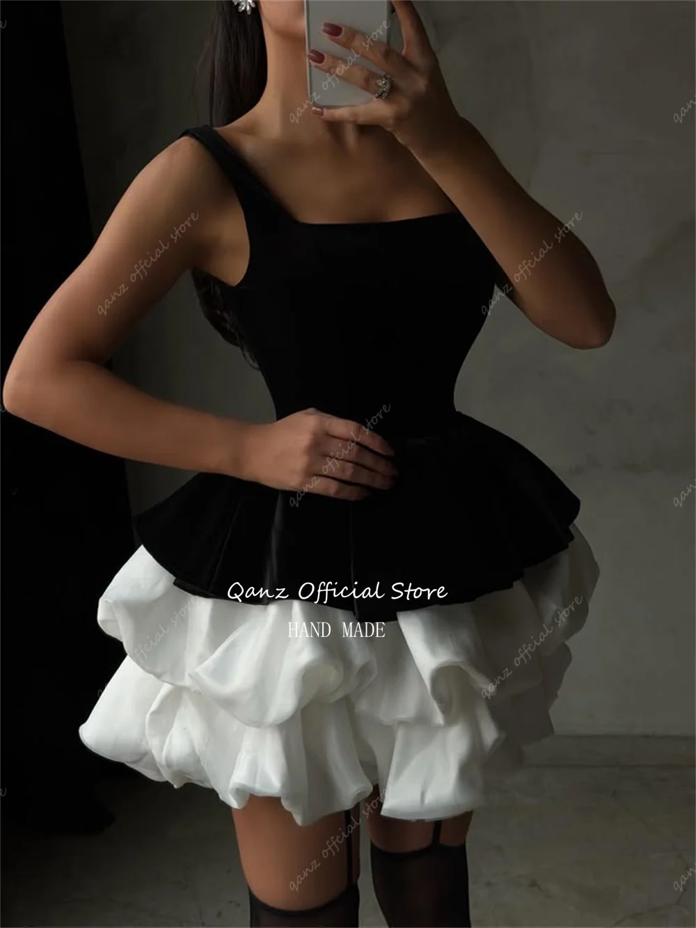 Qanz فستان حفلة موسيقية أسود مخملي أشرطة سباغيتي قصيرة على شكل حرف A فساتين عيد ميلاد فاخرة 2026 منتفخة فيستدوس دي فييستا مخصصة #6