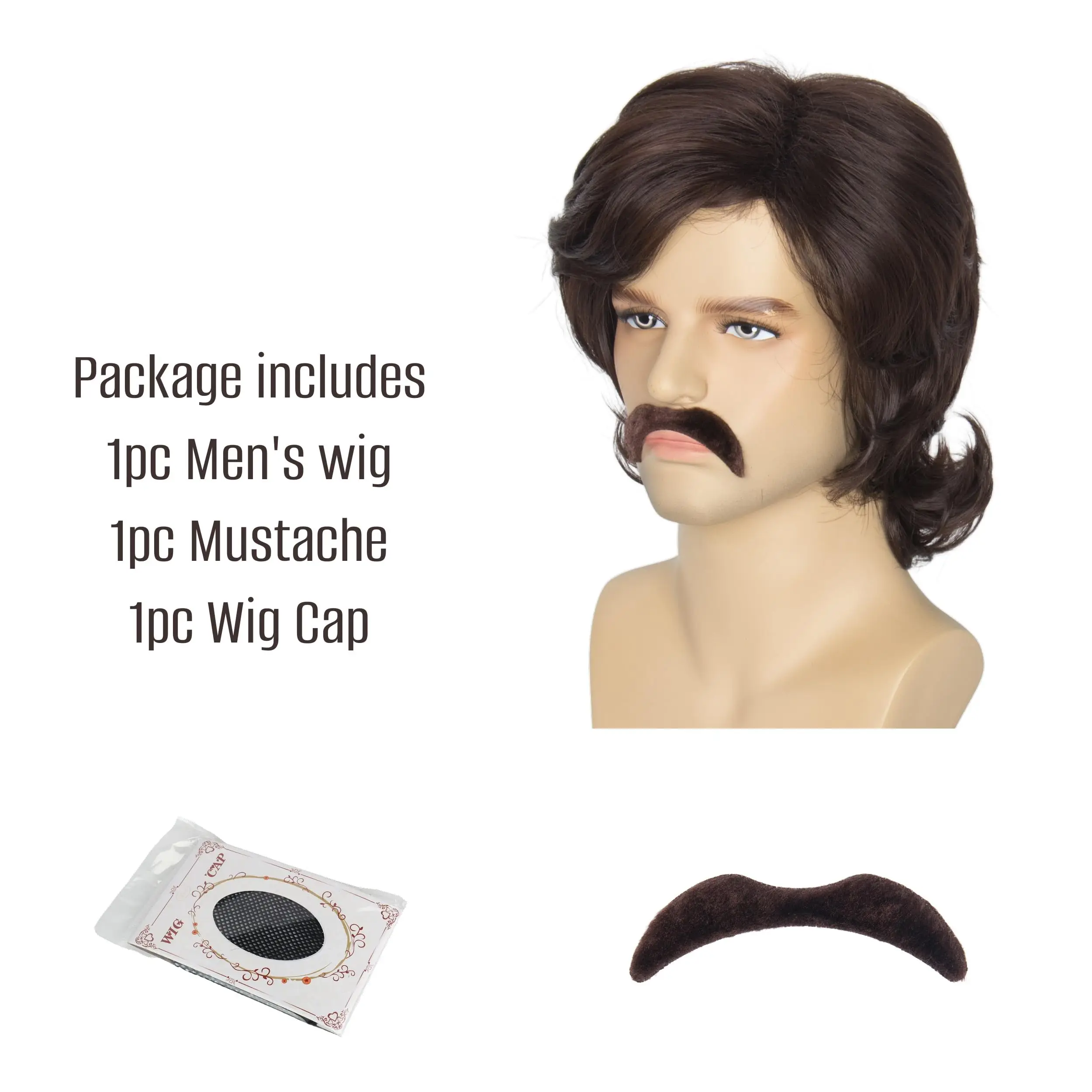 Miss U Hair-Perruque brune ondulée courte avec frange pour homme, perruque Hiphelicopter avec moustache, 60s, 70s Rocker