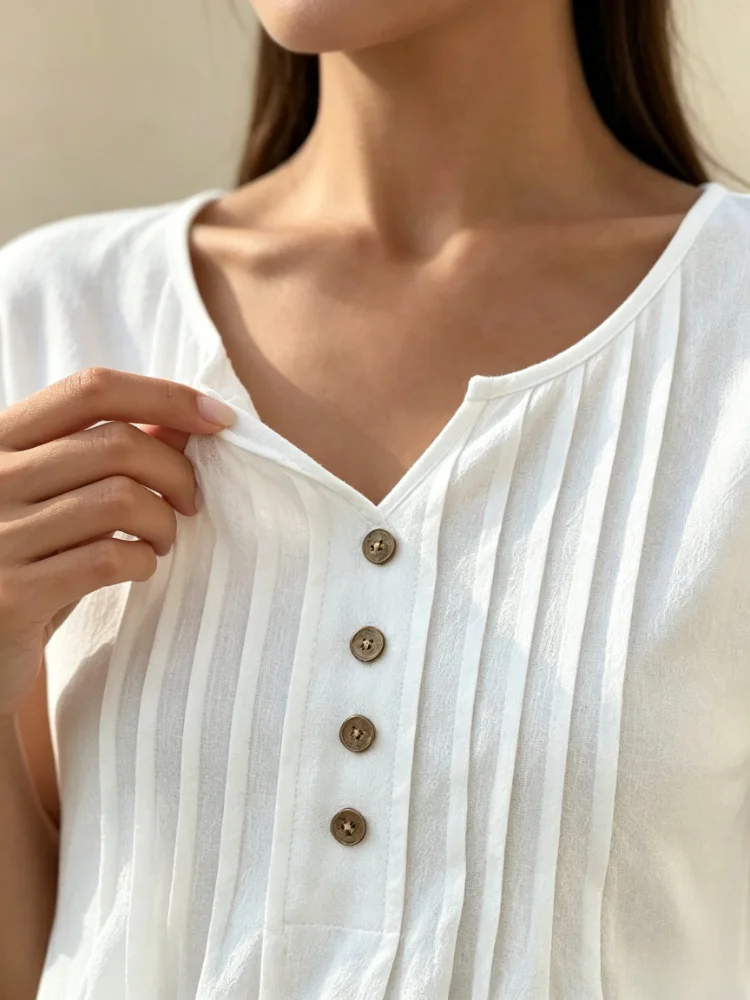 New Chic Summer Women V Neck Sleeveless Cotton Linen Blouse Pleated Front Button Decor Loose Casual Daily Commute Spring Tops