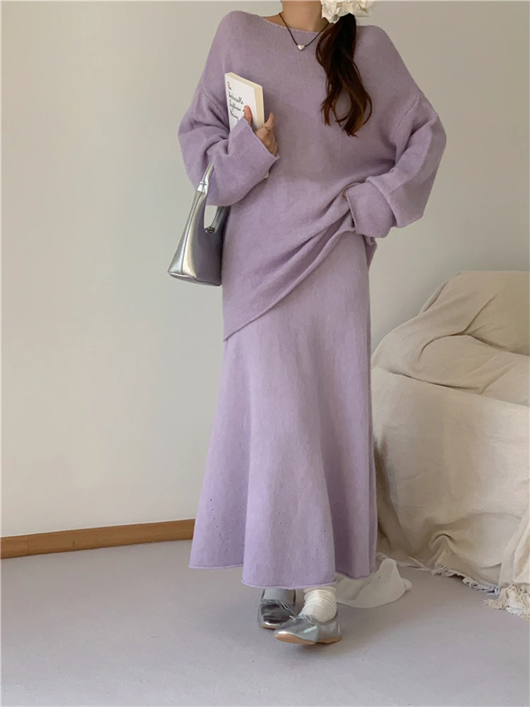 Colorfaith WS9017JX New 2023 Vintage Sets 2 Pieces Elegant Lady Knitting Pullovers With Long Skirts Autumn Winter Women Suits