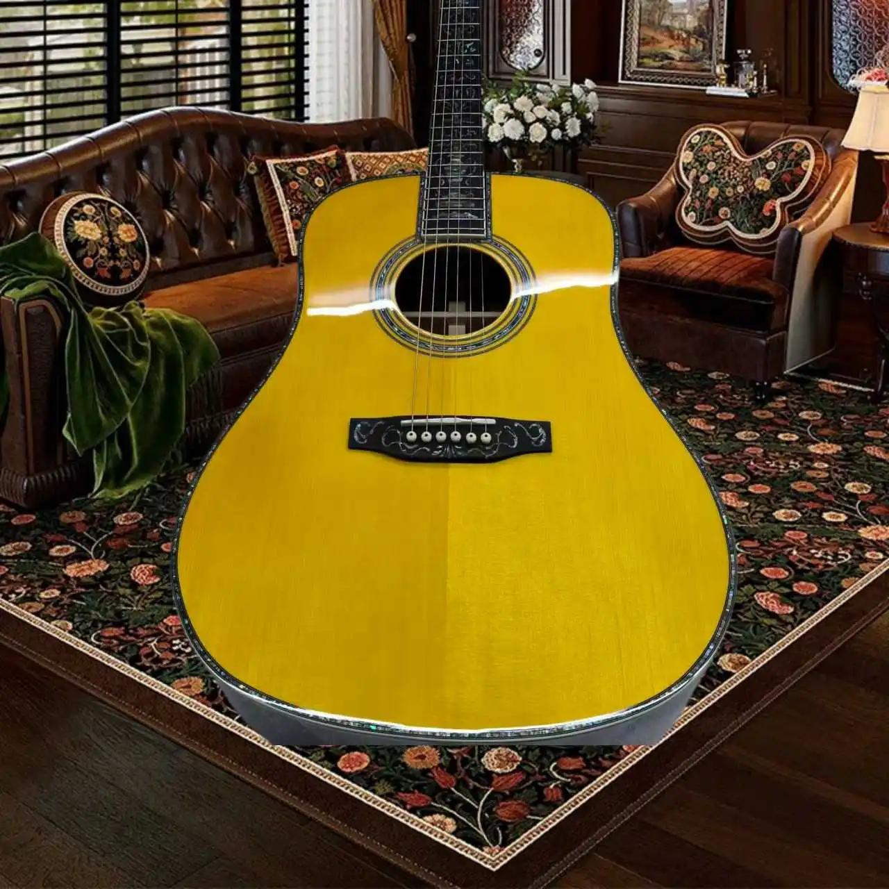 Vintage Yellow D45 Acoustic Guitar Large Floral Rosette Snowflake MOP Inlays Rosewood Back Sides Perfect Strummers Players
