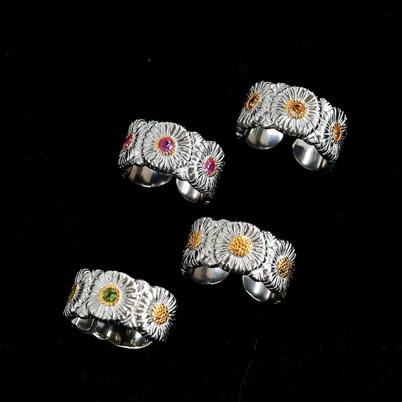 Daisy Bloom Open-Access Ring  Niche Design Wide-Band Sterling Silver Zircon Ring