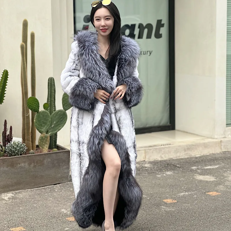 2024Winter Women  Real Rabbit Fur Coats With Fox Lapel Collar Natural Whole Skin Rabbit Fur Long Jackets Overcoat Luxury