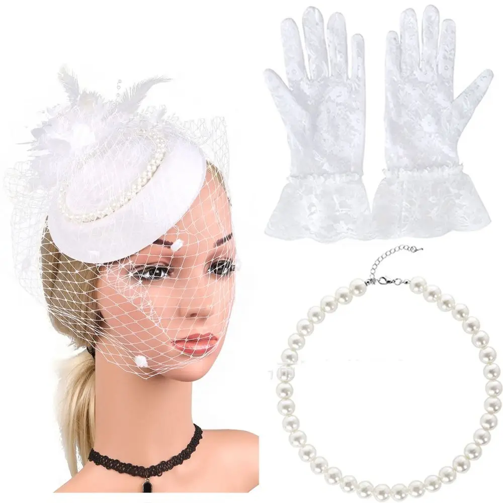 

Party Exquisite Mesh Feather Headband Pearl Sweet Bride Headdress Hair Hoop Hair Band 1920s Hair Accessories Lady