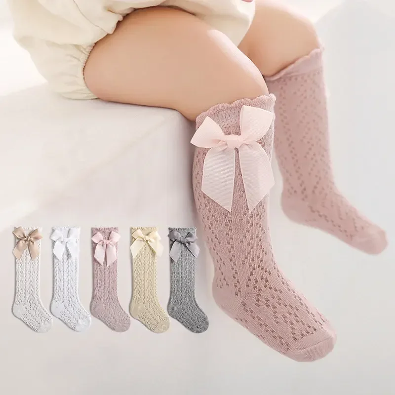 Cute Girls Knee High Socks Bows Cotton Breathable Soft Children Socks Hollow Out Non-slip Newborn Infant Long Mesh Socks 0-3Yrs