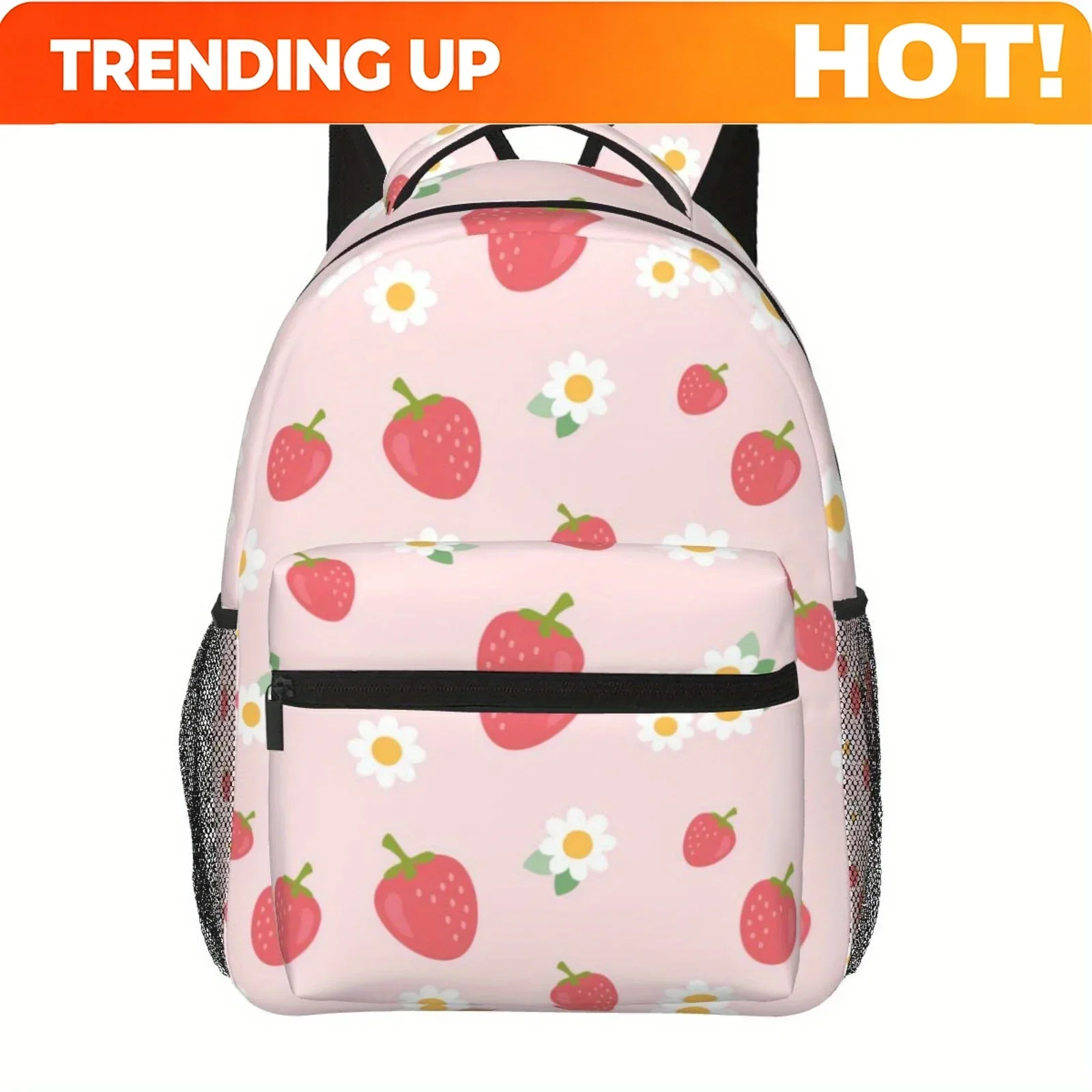 Custom Bag 1pc Pink Cute Strawberry Daisy Theme Half Full Print Large Capacity Backpack, Lightweight And Durable Polyester Fiber