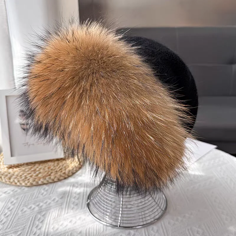 Quality Natural Color Furry Genuine Raccoon Fox Fur Trim Wool Blends Knit Beanies Hat for Women