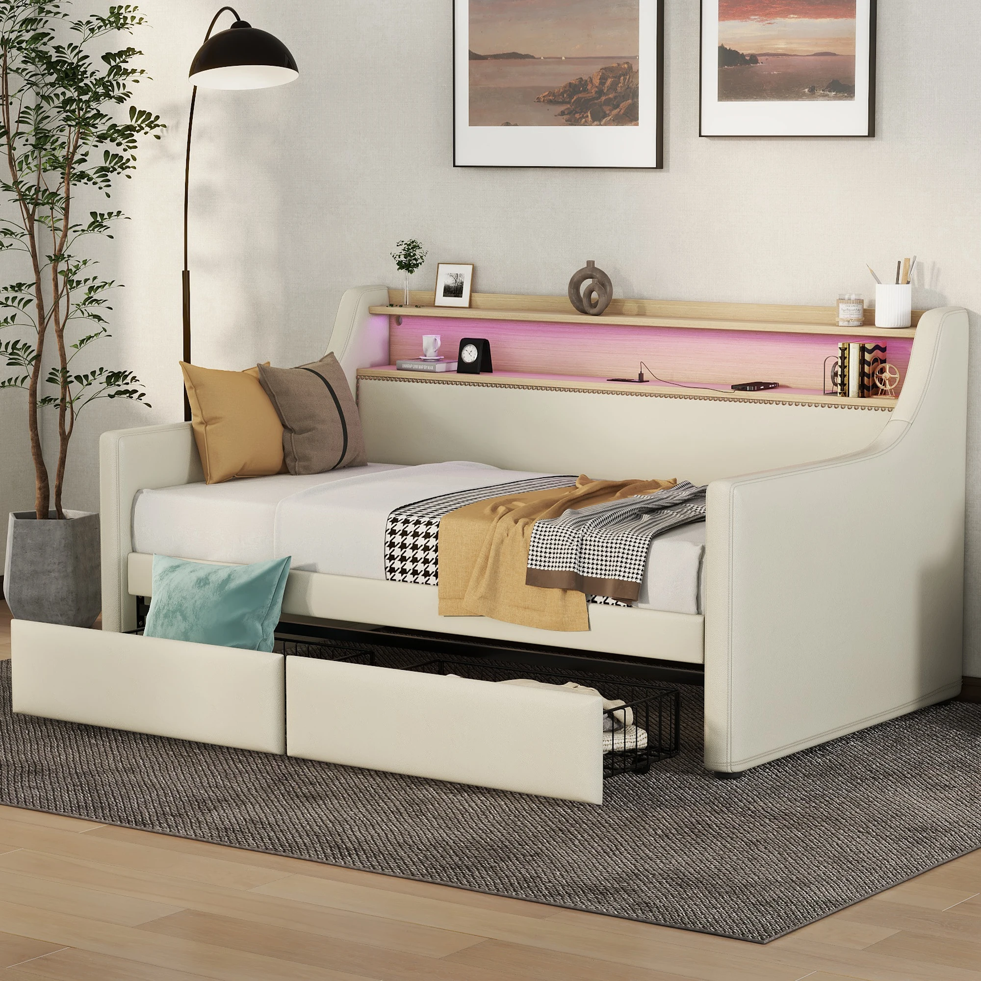 

Twin Size Daybed with Storage Drawers, Upholstered, Charging Station, LED Lights, Beige 79.5x47.6x40.6 in.