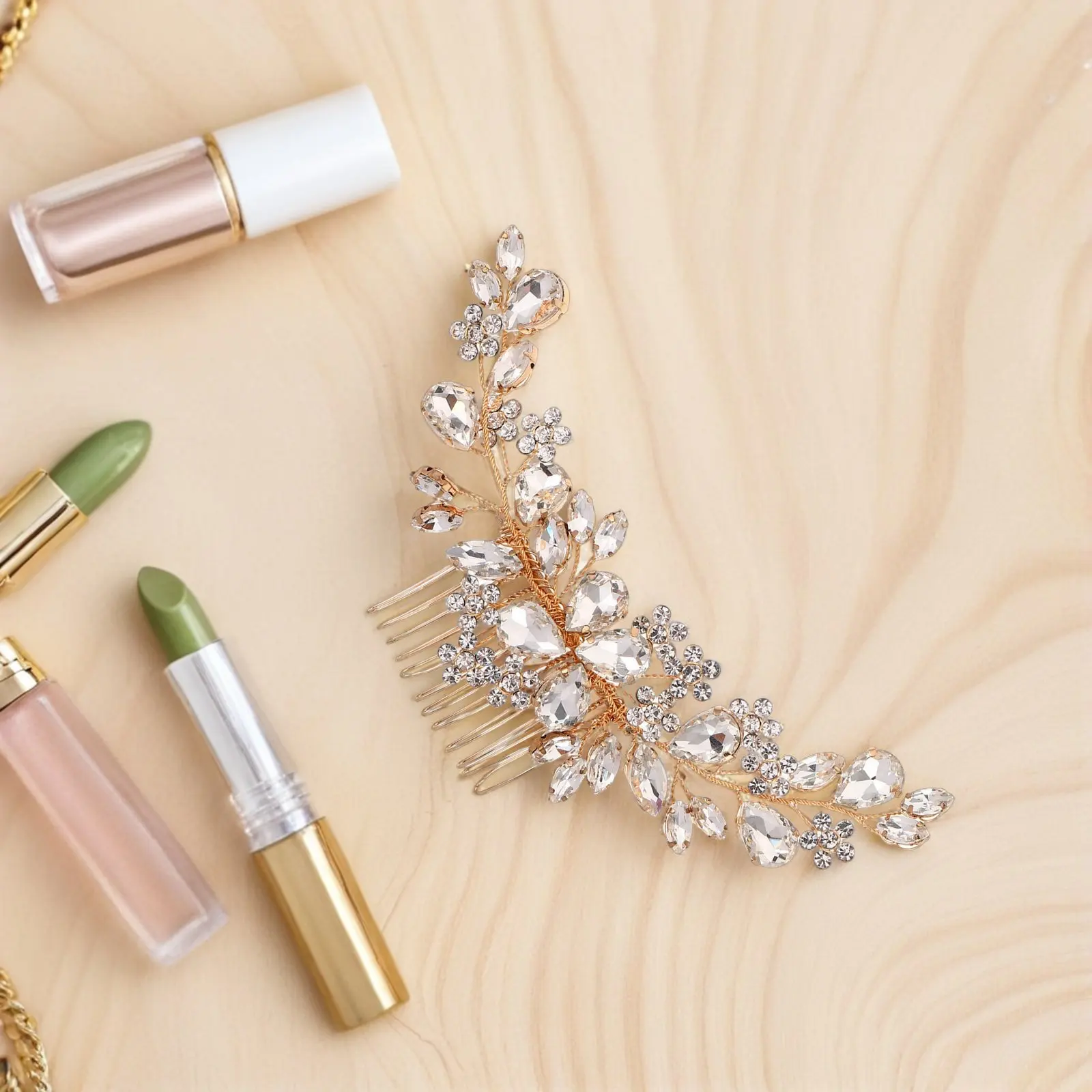 Rhinestone Bridal Hair Comb Flower Metal Leaf Design Wedding Hair Accessories for Women Sparkly Crystal Updo Bun Hairstyles