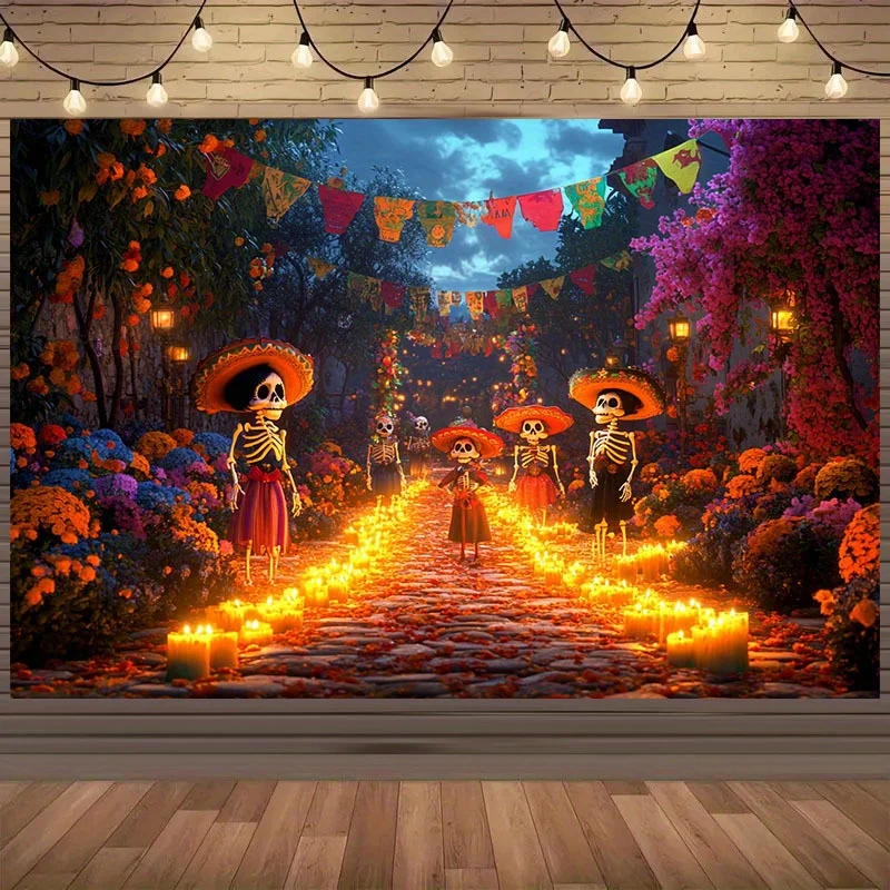 2D-Flachbanner, 1 Stück, mexikanischer Tag der Totenparty – Totenkopf- und Blumenmuster, verziert mit Papierschnittflaggen, Alten oder Veranstaltungen