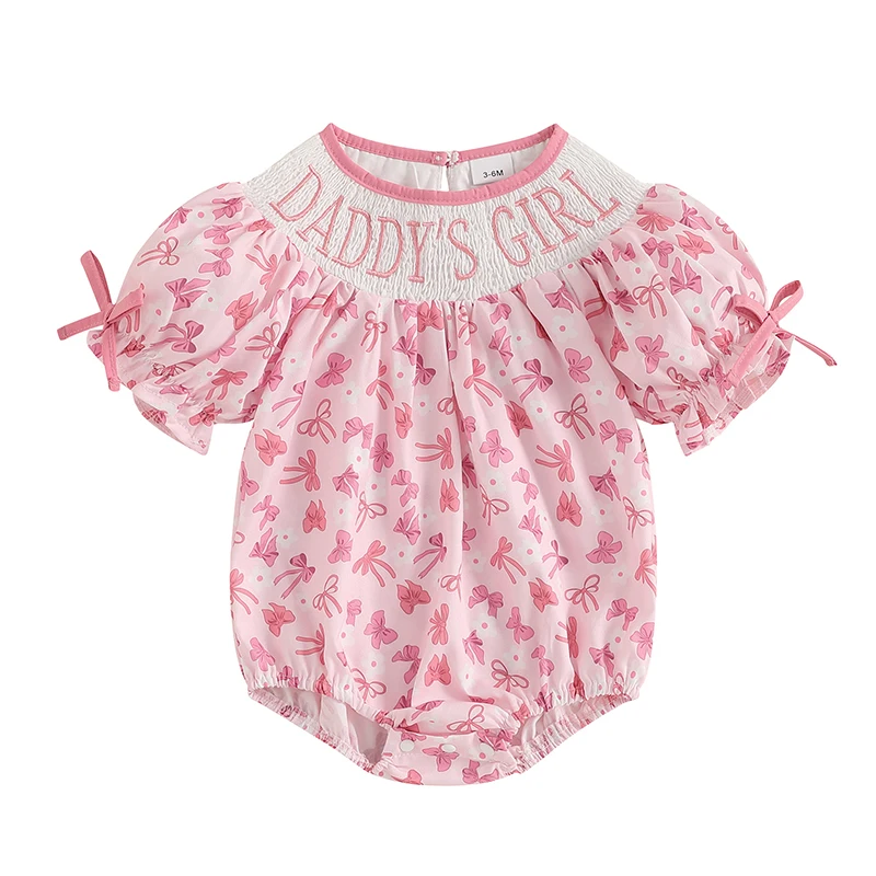 

Baby Girl Summer Romper Short Sleeve Round Neck Bow Print Smocked Bodysuit Newborn Playsuit