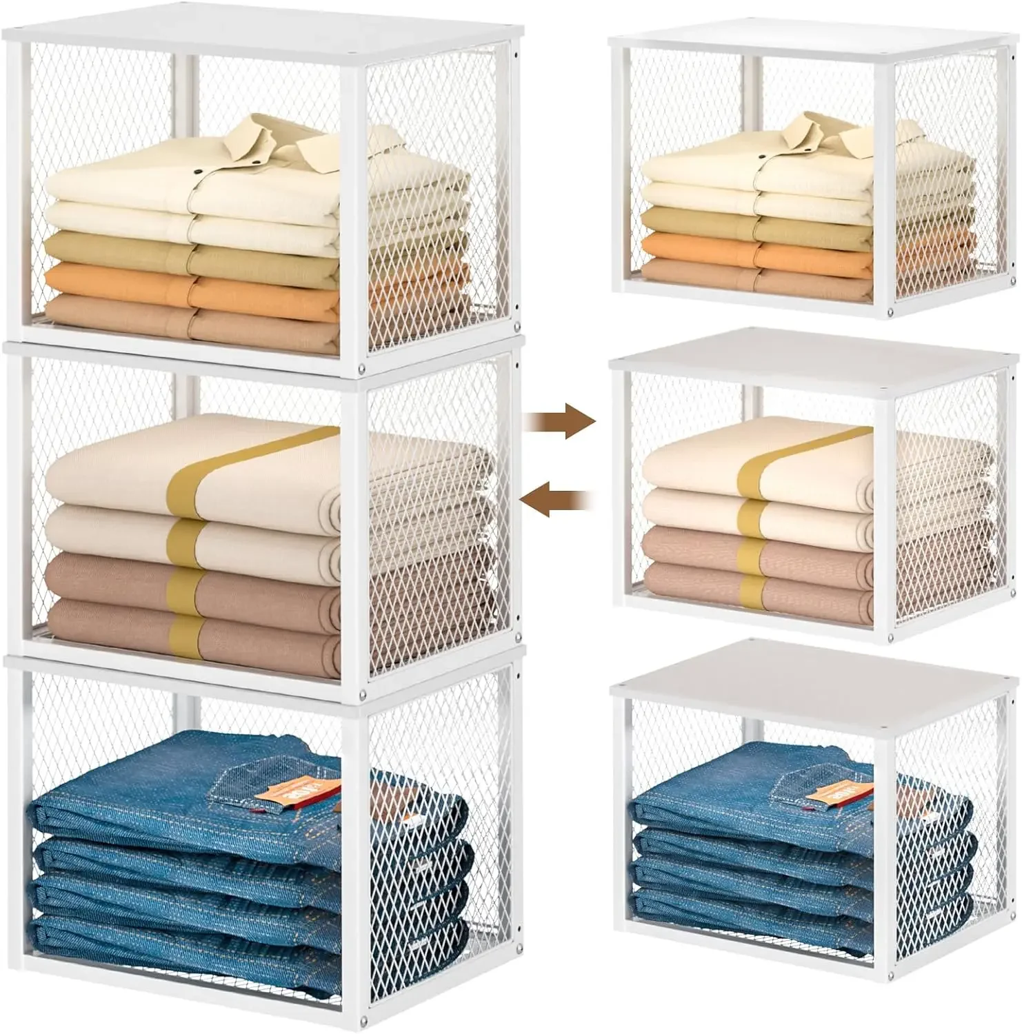 3 Pack Stackable Closet Organizers and Storage Basket, Closet Shelves with Wood Top Extra Storage, Multifunctional Clothes Organ