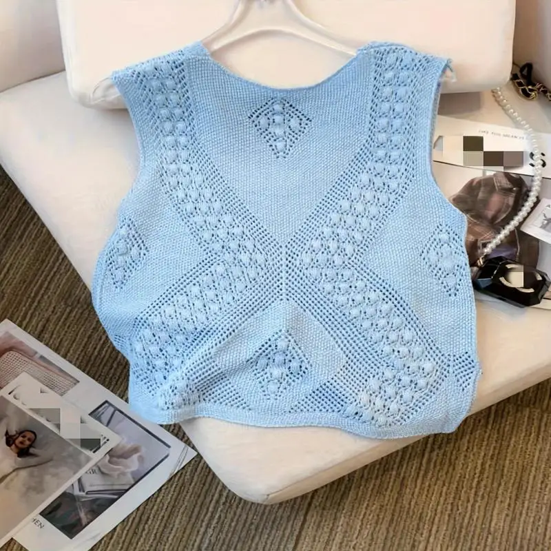 Solid Color V Neck Tank Top, Casual Sleeveless Cut Out Knitted Tank Top For Every Day, Women's Clothing
