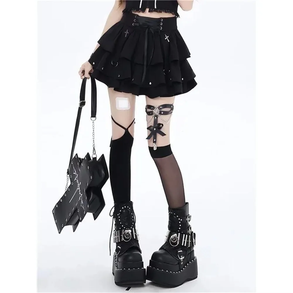 Harajuku Y2k Gothic Punk Tiered Mini Skirt Lace-up Detail Charm Black Japanese Sweet Style Subculture Outfit 2026 Spring