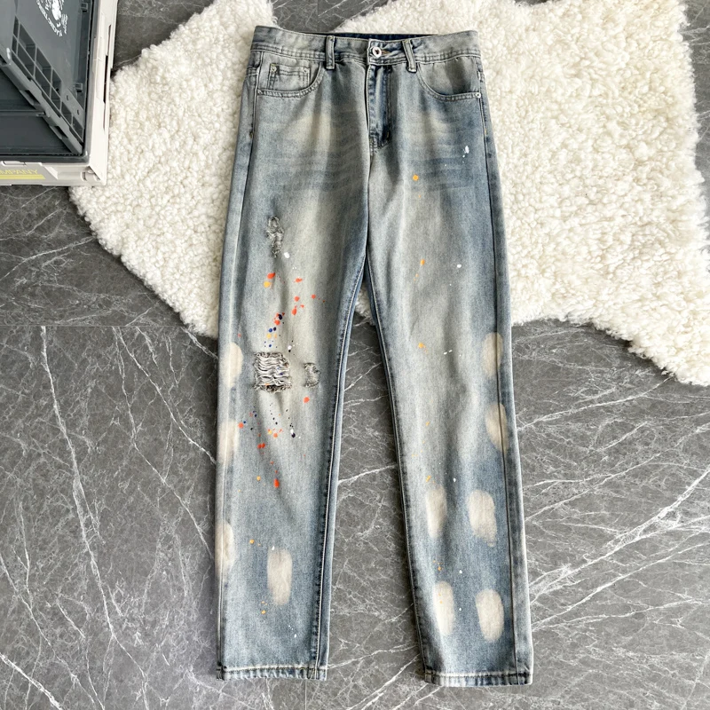 Quần Jeans Rách Nam Dạo Phố Rửa Sạch Ulzzang Thời Trang Hip Hop Thiết Kế In Hình In All-Trận Đấu Thoáng Mát Đẹp Trai Cá Tính Denim Mới