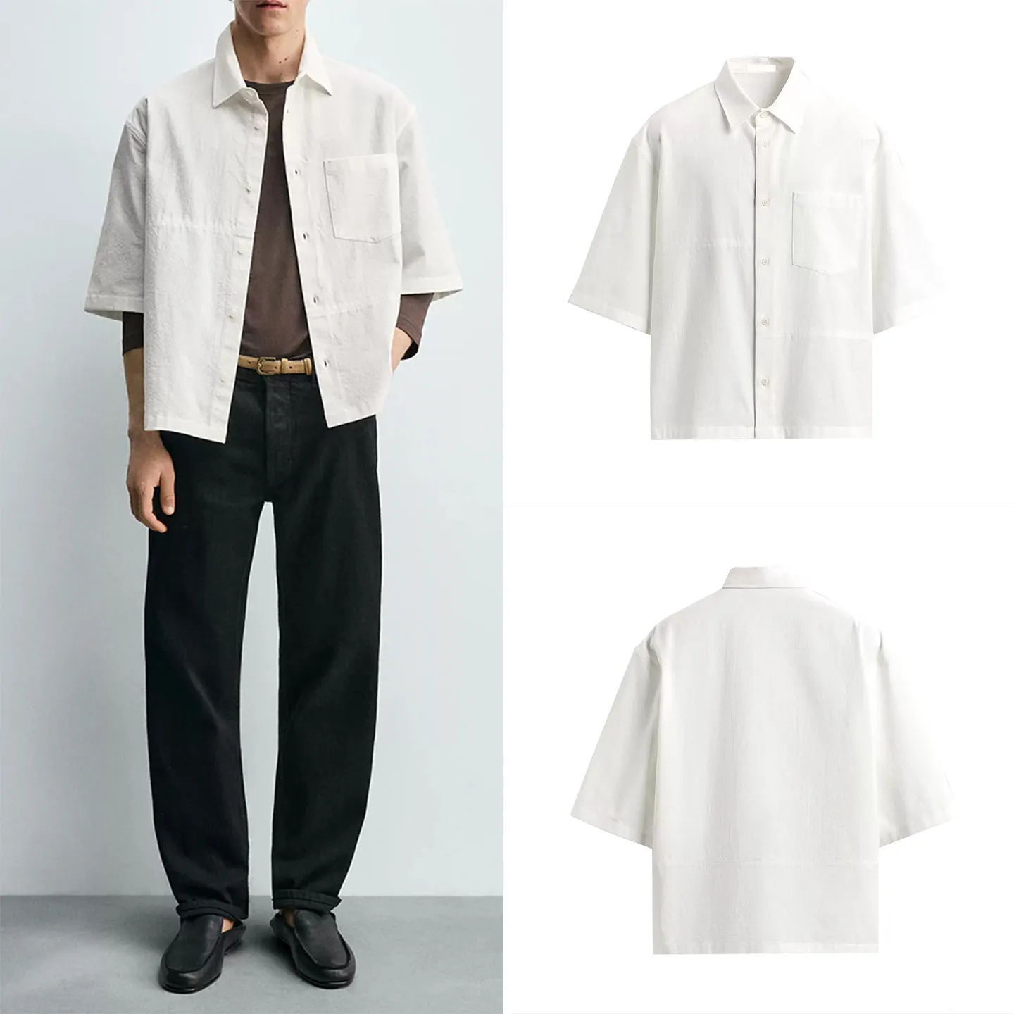 

Men's Fashionable White Loose Fit Short Sleeve Shirt Stand Collar Casual Style Summer 2026 ZADATA Standard Edition