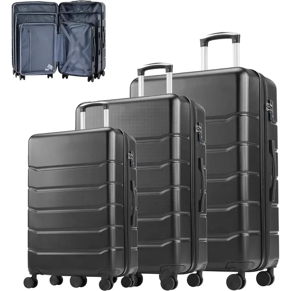 Expandable 3-Piece Hard Shell Luggage Set with Double Spinner Wheels & TSA Lock, Lightweight Rolling Suitcase, Black