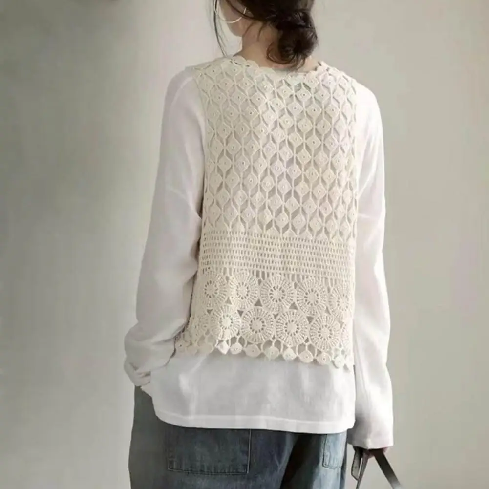 Women Summer Vest Hollow Out Retro Knitted Crochet Sleeveless Loose Solid Color Open Stitch Thin Cardigan Daily Outwear Coat Top