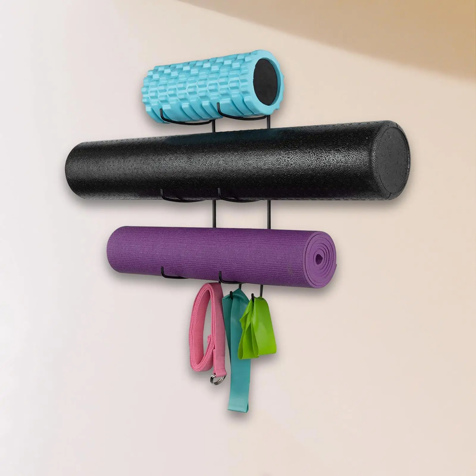 Yoga Mat Holder Wall Mount Yoga Mat Storage Holder with Hooks for Hanging Resistance Bands, Towels, Home Gym Accessories