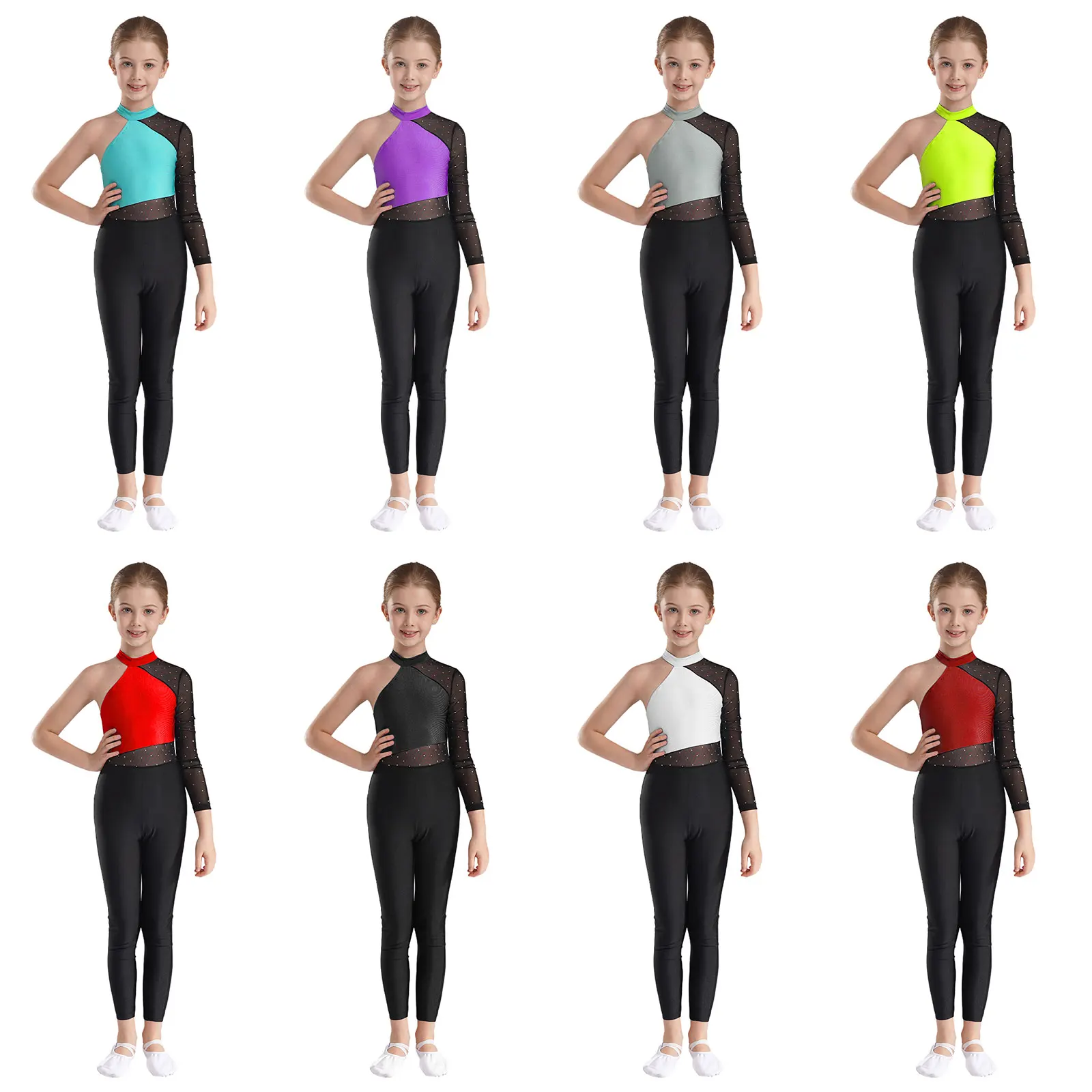 Kids Girls One Shoulder Gymnastics Jumpsuit Sheer Mesh Long Sleeve Bodysuit Figure Skating Ballet Dance Performance Costume