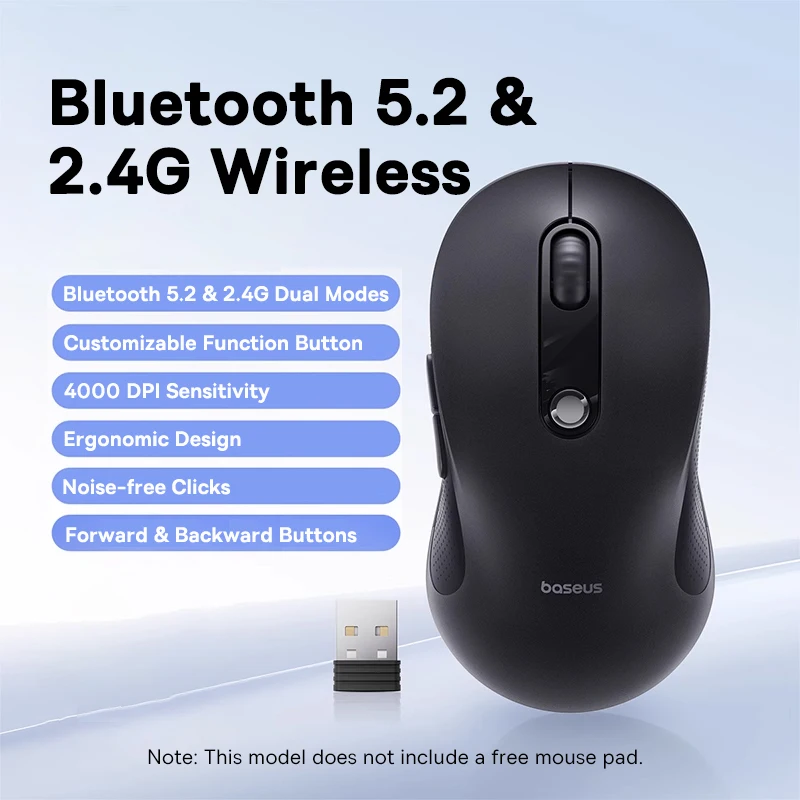 Baseus Draadloze Muis Bluetooth 5.3 2.4GHz Ergonomische 7 Stille Knoppen Gratis Muismat voor MacBook Tablet Laptop Computer PC Muizen
