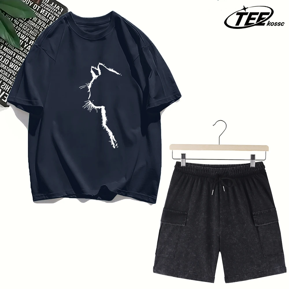 Camiseta con estampado de silueta de un gato hermoso para hombre, camisetas informales de verano, camisetas holgadas que combinan con todo, ropa de calle para hombre, ropa de algodón para hombre