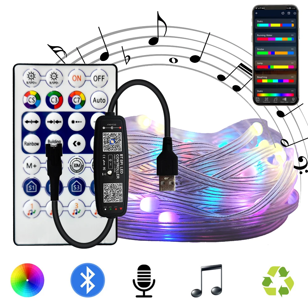 DC5V WS2812B Addressable Individually Led String Light 3Pin Mini Controller 5050 RGB IC Waterproof Music Built-in Microphone Kit