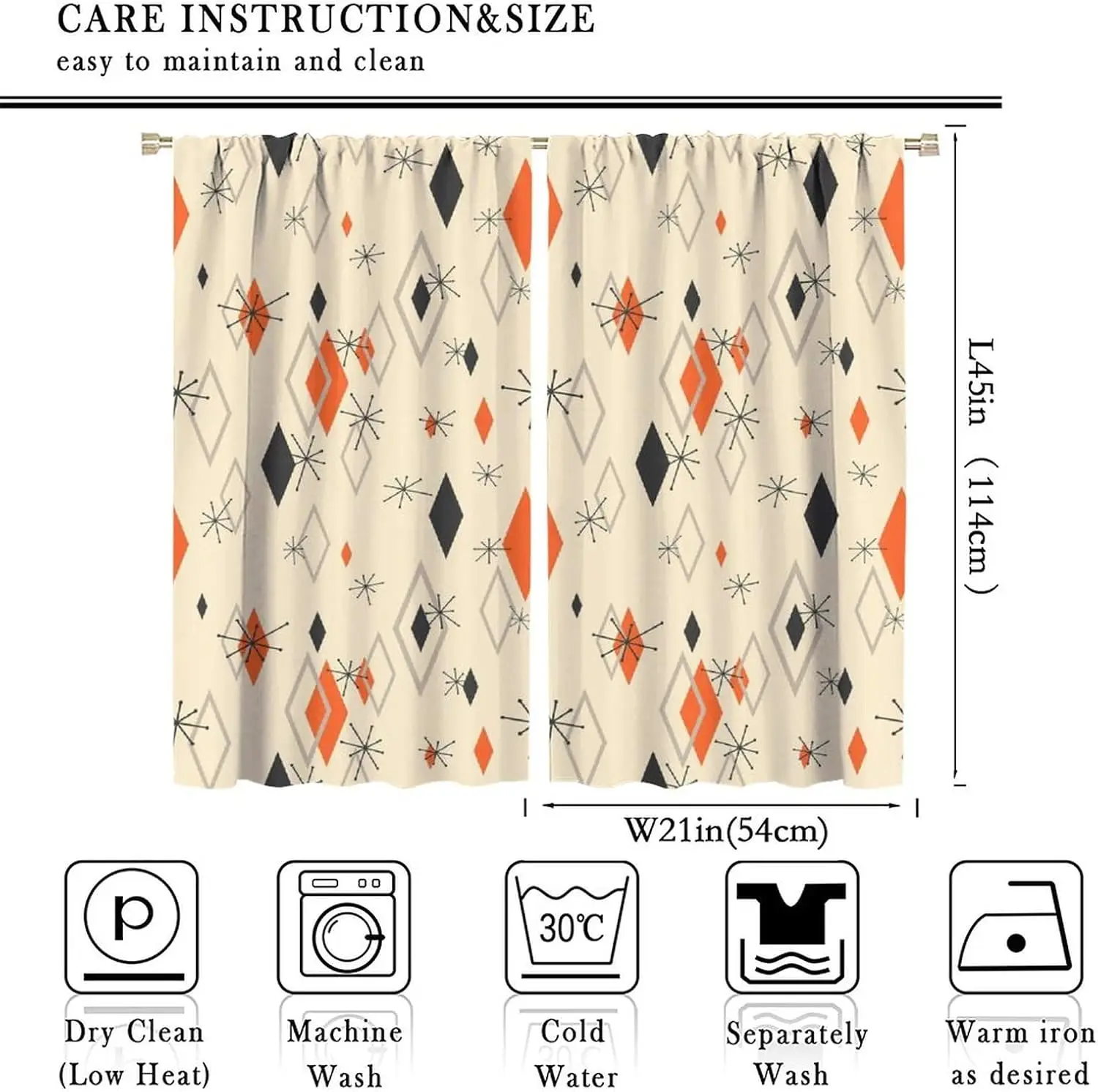 Retro Atomic Starburst Rhombus Window Curtains 2 Panels Orange Black Geometric Diamond Light Blocking Drapes Mid Century Balcony