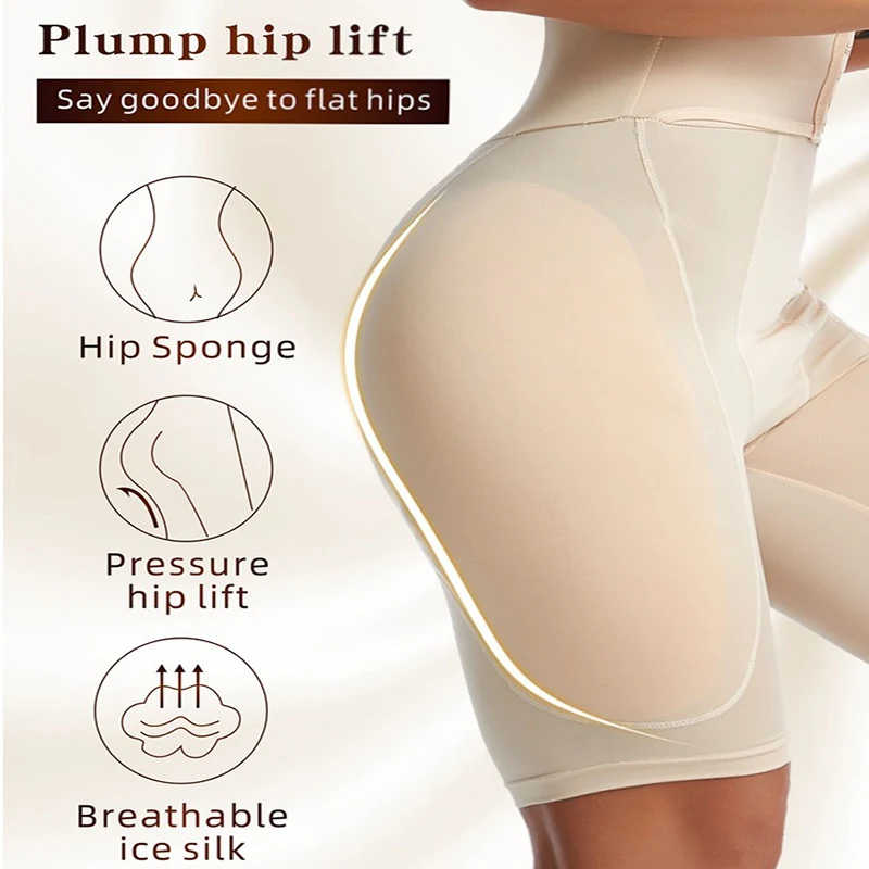 Dimmkof Plus Size Removable Hip Padded Panties Women\'s Slimming Belly Buckle Double Compression Underwear Seamless Body Shaper