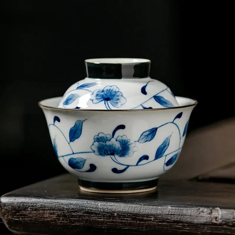 Hand Painted Interlock Branch Lotus Tureen Person Tea Cup Pot Bearing Ceramic Gaiwan Kung Fu Tea Set New Chinese Style