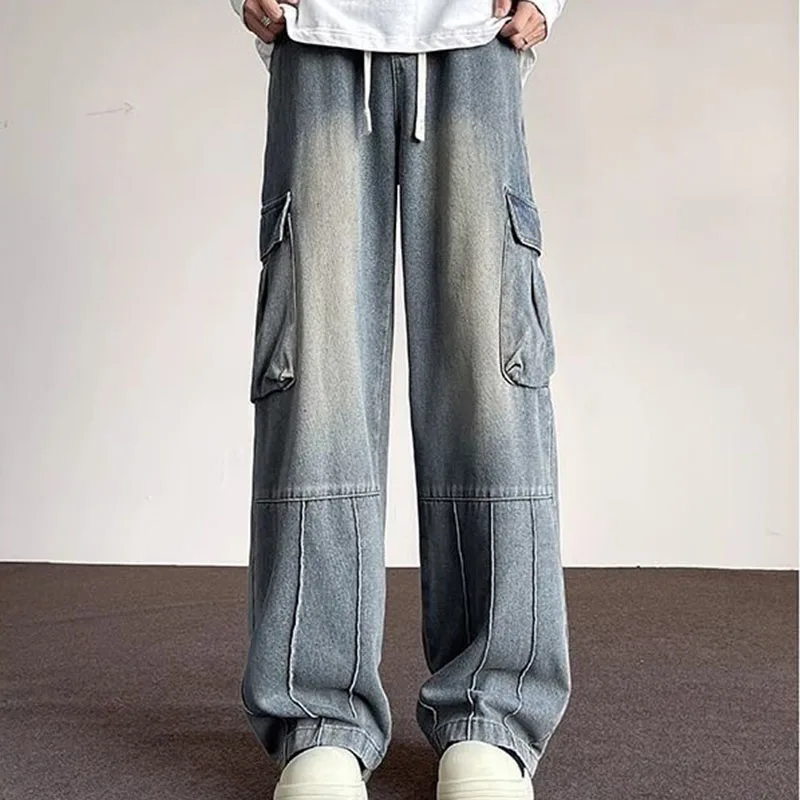 Washed Retro Workwear Jeans Men Summer New American High Street Wide Leg Casual Trousers
