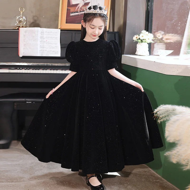 It's Yiiya Flower Girl Dresses Black Velvet Modest O-neck Short Sleeves A-line Zipper Back Floor Length Plus size Kids Gown T132