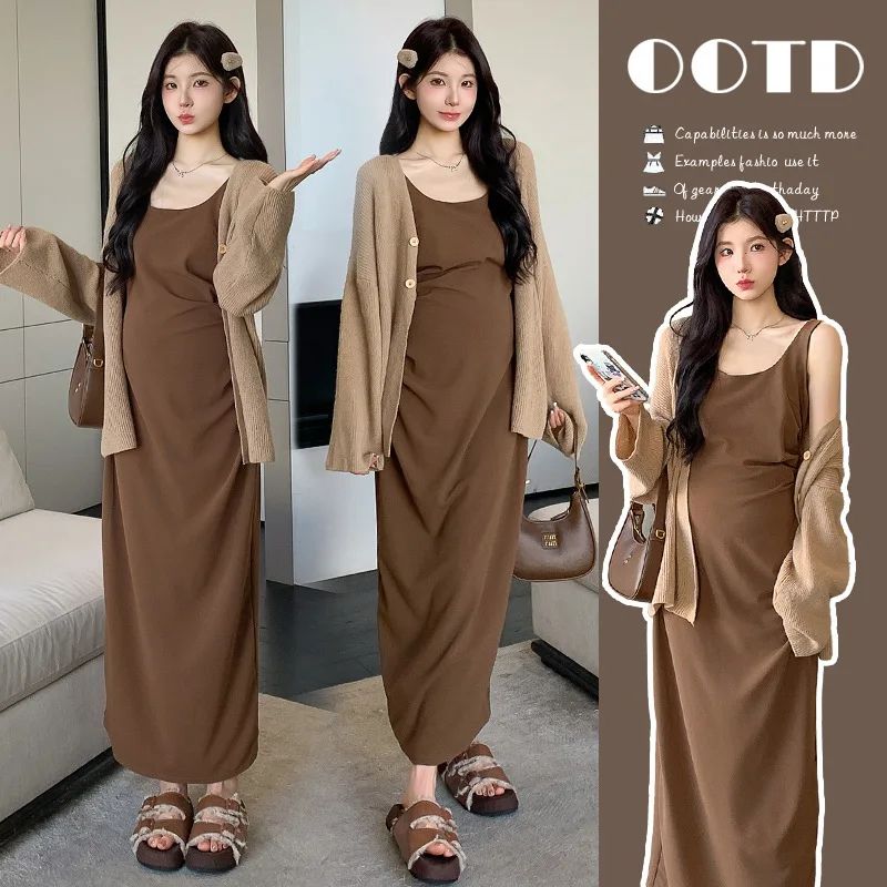 

2025 Pregnancy Set Autumn Knit Cardigan Sleeveless Dress Two Piece Outfit Chic Maternity Wear Soft Neutral Mommy Ensemble