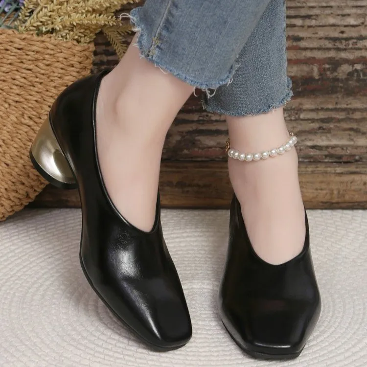 Designer comfortable soft leather high heels for women, chunky square-toe shoes, autumn new style with unique heels