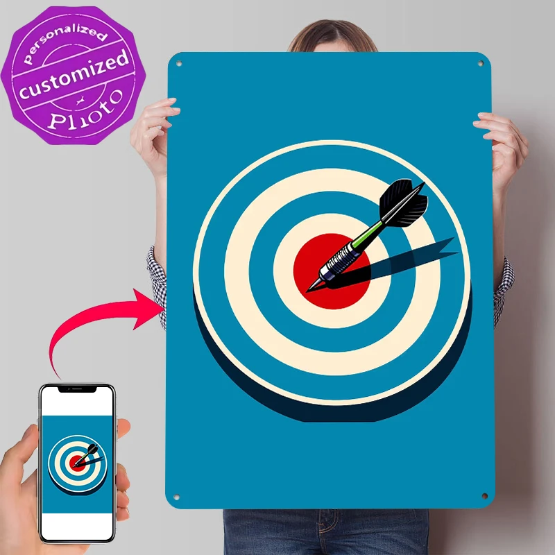 Dart Hitting Bullseye on Target Metal Poster Customized Wall Art Retro Vintage Metal Signs for Man Cave Aesthetic Room Decor Men