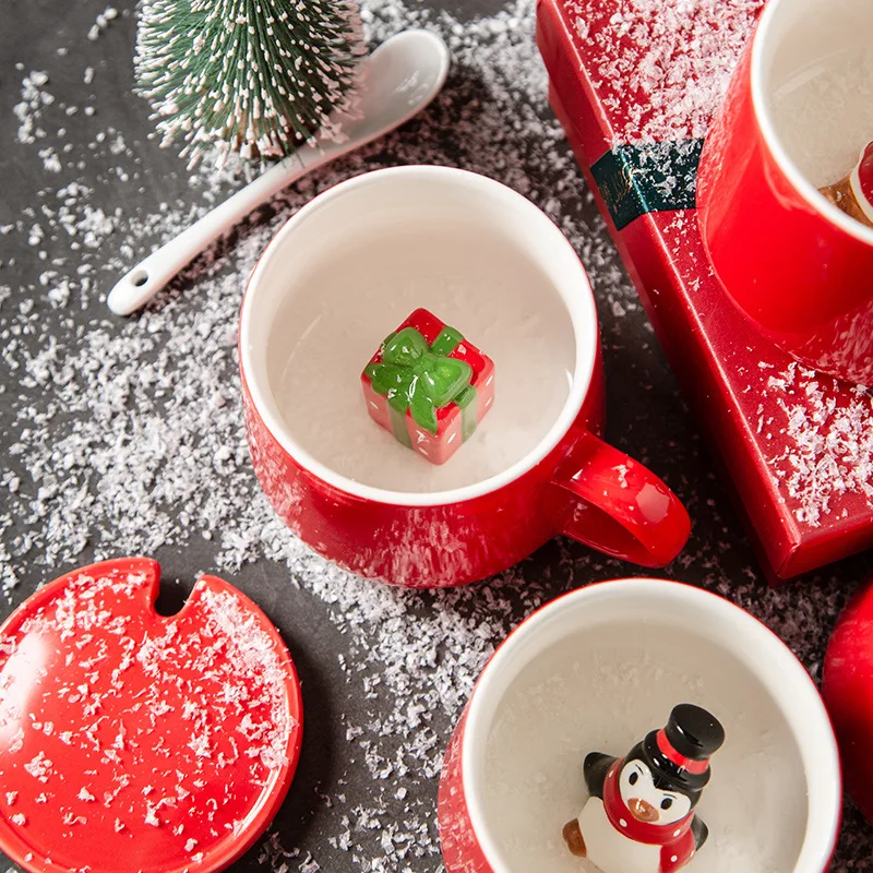 Keramik-Wasserbecher, Weihnachtsmann, Schneemann, rot, festliche Becher mit Deckel, Löffel, Weihnachtsbaum, Rentierbecher, Weihnachtsgeschenk