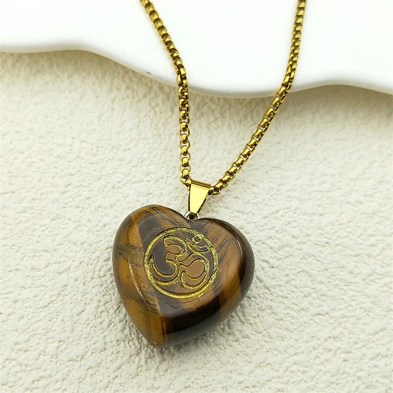 

Yoga Om Symbol Buddhism Pendant Necklace For Women Men Stainless Steel Tiger Eye Stone Faith Love Heart Chains Jewelry Gifts