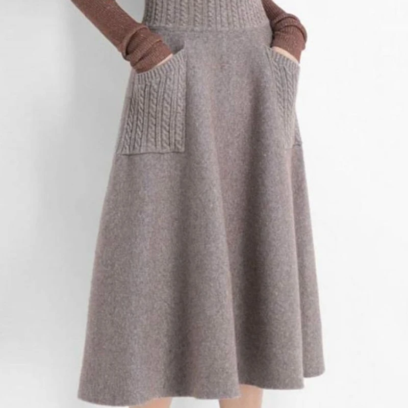 

2024 Autumn Winter Warm Wool Knitting Long Skirts Women High Waist with Pocket Loose Female Solid Knit Mid-Calf Skirt B790