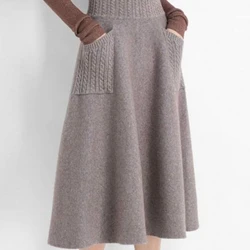 2024 Autumn Winter Warm Wool Knitting Long Skirts Women High Waist with Pocket Loose Female Solid Knit Mid-Calf Skirt B790