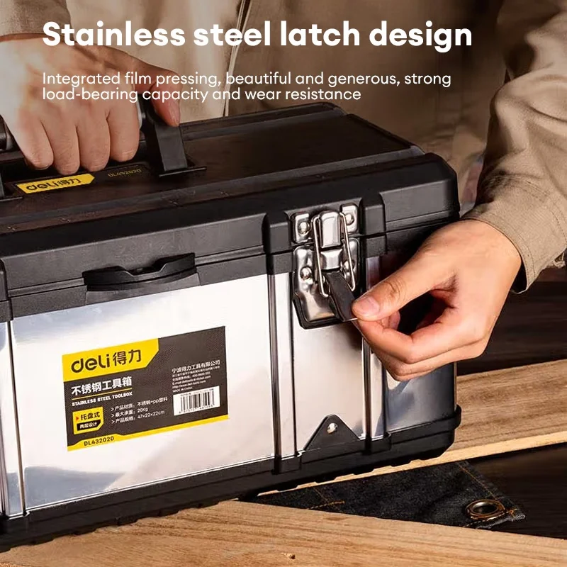 Deli 1 Pcs 15/17inch Multi-layer Stainless Tools Stroage Box Multifunctional Workers Portable Heavy Duty Tool Case Organizers