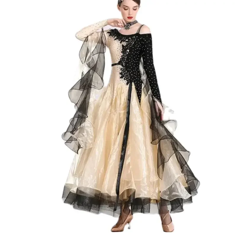 Women Waltz dancing Dress Inclined Shoulder Splicing Bright Ballroom Dance Competition Dress