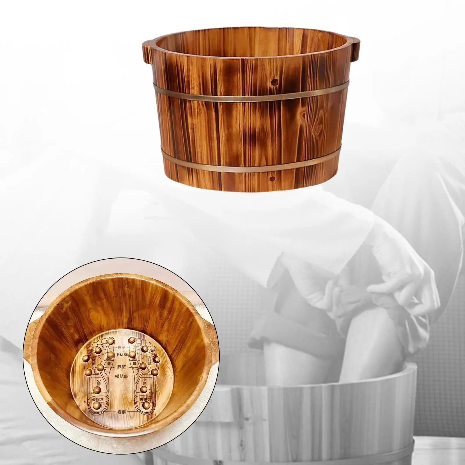 

Wooden Footbath Basin Points with Double Handle Wood Foot Bath Barrel