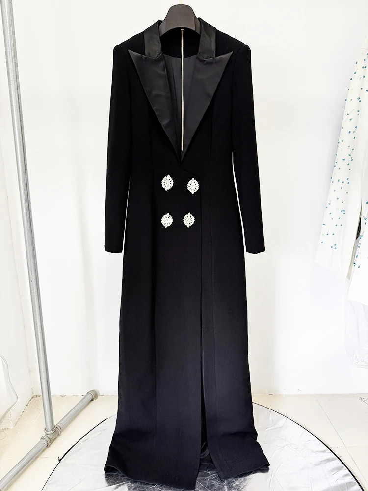 HIGH STREET Newest 2026 Designer Vestido Women\'s Diamonds Buttons Notched Collar Slit Long Maxi Dress